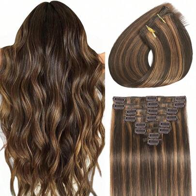Highlight #4/27 Clip In Hair Extensions Human Hair Double Weft Clip In Brazilian Remy Human Hair Extensions 8pcs Per Set With 18 Clips 14-28 Inch