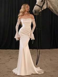 Elegant Sexy Off Shoulder Lace Long Sleeves Pleat Mermaid Satin Wedding Dress,Registry Office Dresses Bridal Gown,Evening Party Dress Birthday Party Dress Country Wedding,Romantic Church Ceremony Wedding Dress,Suitable For Wedding,Dating,Party,Singles' Party,Vacation,Formal Occasions,Dinner Dress,Prom Dress,Homecoming Dess,Cocktail Party,Wedding Guest Dress,Graduation - 白色 - 查看 6
