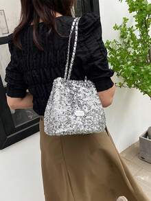 2026春夏新款亮片装饰单肩包，亮片字母贴片斜挎包，优雅百搭，带化妆包内衬，晚宴手拿包 - 銀色 - 查看 4