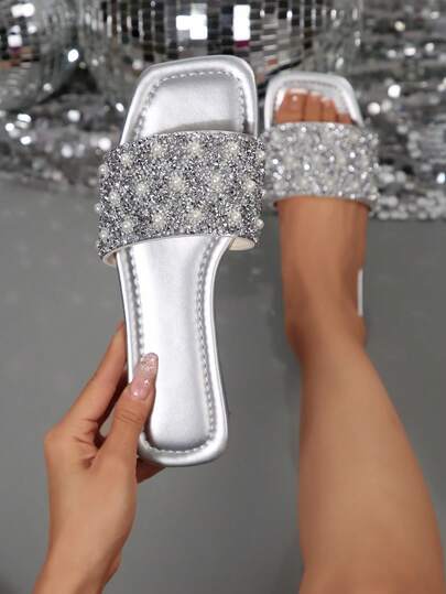 女士新款方头平底凉鞋，珍珠水钻装饰，时尚优雅，百搭，适合夏季穿着