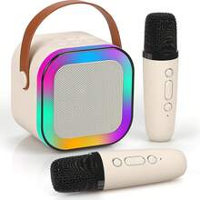 便携式无线卡拉OK音箱，带无线麦克风，HIFI立体声KTV音响系统，无线音箱带RGB彩色LED灯，变声器，是户外、运动、旅行卡拉OK、家庭聚会、生日礼物的理想之选。 - 粉色 - 查看 1