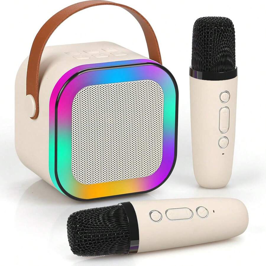 便携式无线卡拉OK音箱，带无线麦克风，HIFI立体声KTV音响系统，无线音箱带RGB彩色LED灯，变声器，是户外、运动、旅行卡拉OK、家庭聚会、生日礼物的理想之选。 - 粉色 - 查看 1