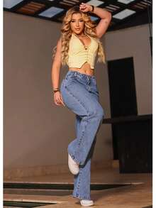 Women's Wide Leg Pants: Comfortable, Casual, Versatile, Elegant, Modern, High-Quality, Blogger Style - 淺色水洗藍 - 查看 2