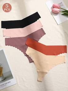 5pcs/Pack Women's Seamless Thong Panties, Low Waist Black Triangular Briefs, Silky Smooth Seamless Underwear, Ruffled Hem, Satin Sexy Panties, Thin Breathable G-String Thongs - Multicolor - View 3