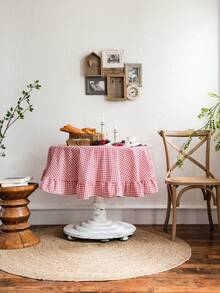 1pc French Ruffled Plaid Girly Korean Style Red & Green Checkered Ruffled Decorative Fabric For Dining Table, Living Room, Suitable For Daily Decor And Holidays - Red - View 6