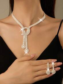 4 pièces Accessoires de mariée style bohème vintage, imprimé nœud losange col en V, style décontracté élégant de mode de rue - Argent - Voir 7