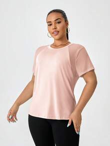 T-shirt à manches courtes pour femmes grandes tailles, en maille texturée avec panneau, pour le yoga, la rue, la course, les exercices d'extérieur, les sports d'été - Rose pâle - Voir 5