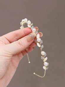 一件式精致农舍风发箍 – 女孩柔美仿珍珠闪亮水钻发箍，猫眼发箍，百搭日常发饰 - 彩色 - 查看 4