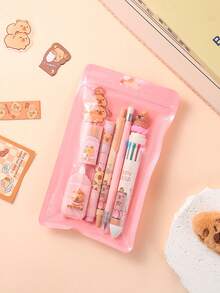 1 Set Children's Cartoon Style Capybara Theme Stationery Set, 7-In-1 Set, Includes 10-Color Ballpoint Pen*1 Neutral Pen*1 Pencil*1 Highlighter*1 Eraser*1 Correction Tape*1 Capybara Pendant, Suitable For Children's Daily Use, Ideal Gift For Kids - Multicolor - View 9