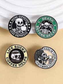 4枚咖啡文化黑色幽默徽章套装，骷髅头设计双关语标语徽章，专为咖啡爱好者打造，适合社交装饰和表达态度 - 彩色 - 查看 9