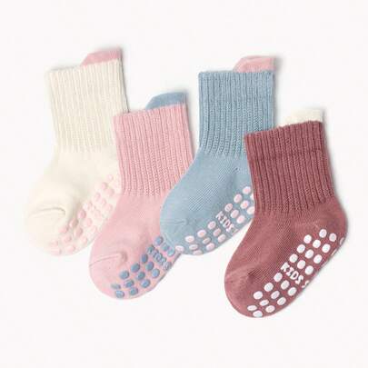 4 đôi tất chống trượt cho trẻ nhỏ, màu kẹo ngọt, ấm áp cho mùa xuân và mùa thu.