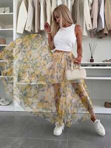 优雅女士时尚休闲派对可爱独特柠檬印花连衣裙/半身裙，透气夏季款 - 黃色 - 查看 7