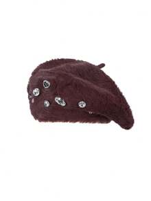 1pc Rhinestone Embellished Rabbit Fur Casual Beret Hat, Suitable For Daily Wear, Valentine's Day, Holiday Gift - Berets - View 13