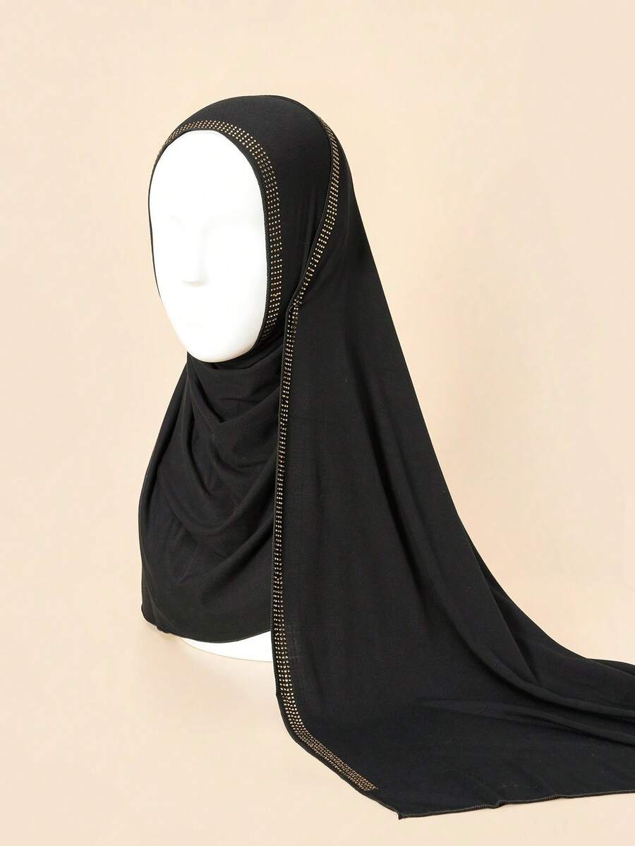 1pc Women's Plain Jersey Soft Headscarf, Casual Arabic Style Long Scarf, Conservative Solid Color Head Wrap, Suitable For Daily Use - Black - View 1