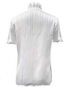 Áo sơ mi tay ngắn viền bèo thanh lịch, áo mùa hè màu trắng dành cho nữ - trắng - Xem 2