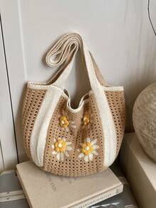 Dedoo Bohemian Style Women's Handbag, Large Capacity Open-Top Tote, Beach Bag, Travel Accessory, Woven Texture, Suitable For Work, School, Beach, Crochet, Holiday (Flower Color/Position Random) (Strap Color/Pattern Random) - Apricot - View 7