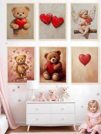 1pc Canvas Wall Art - Children's Room Decor - Valentine's Day Printable Wall Art, Red Heart Balloon Decor, Valentine's Teddy Bear Pink Heart Vintage Valentine's Wall Art, Angel And Heart Wall Art Baby Products_ Framed Nursery Wall Art Perfectly Suited For Playroom Decor Nursery Decor, Childcare Room Decor, Kindergarten Decor, Boy's Room Decor, Girl's Bedroom Decor