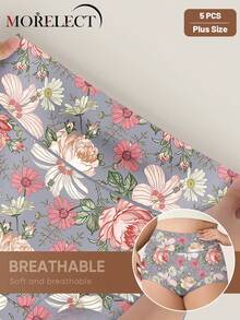 Morelect 5pcs/Pack Women Plus Size High Waist Soft & Comfortable Printed & Contrast Color Design Panties, Daily Underwear - Multicolor - View 6