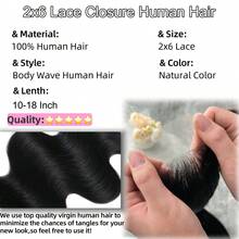 Body Wave Lace Closure Human Hair 2X6 Transparent Lace Closure Free Part Virgin Hair Lace Closure With Baby Hair Natural Black - Natural Black - 查看 5