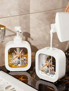 创意浴室洗手液瓶，配有手动泵，以海洋生物为主题，饰以蓝绿色海星、贝壳、鹅卵石和气泡等艺术图案，营造清新水彩美感，适用于浴室、厨房、洗手池等场所，可用于盛装洗手液、沐浴露和其他乳液。创意乳液瓶，乳液分配器，浴室配件。 - 彩色 - 查看 4