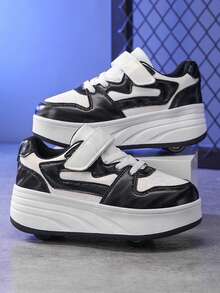 1 Pair Children's Sports Shoes With Wheels, 4-Wheel Rollerskate Sneakers - Black and White - View 2