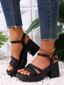 Sandálias femininas de salto alto com tiras, novas sandálias de sola grossa para primavera/verão, sapatos plus size no atacado. - Preto - Ver 1