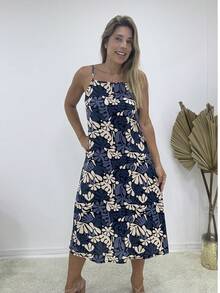 Printed Viscose Midi Dress With Square Neckline And Thin Straps - 藍/米色 - 查看 1