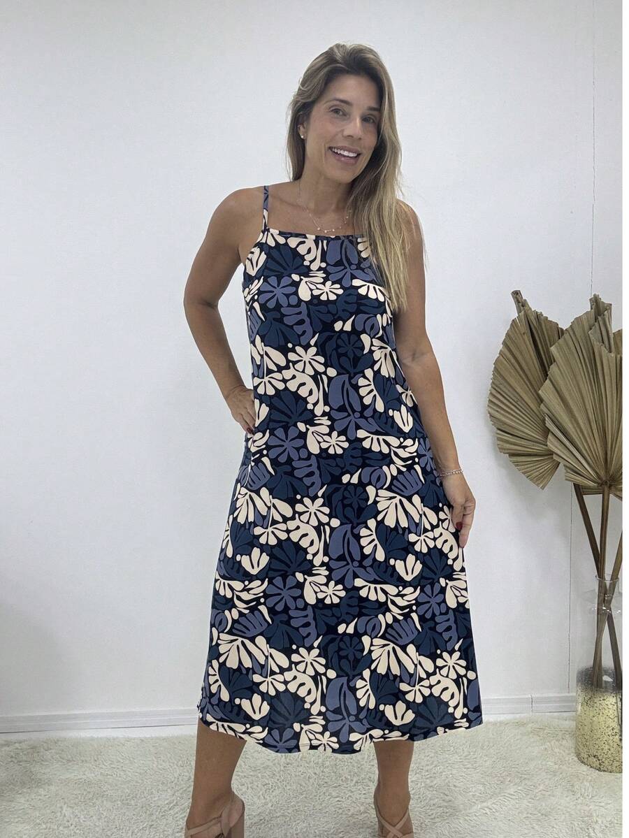 Printed Viscose Midi Dress With Square Neckline And Thin Straps - 藍/米色 - 查看 1