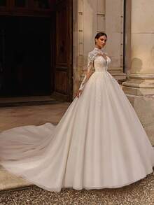 Majestic High Neck Lace Long Sleeve Corset Tulle Ballgown Wedding Dress With Train, Wedding Dresses For Bride, Elegant And Comfortable, Includes Plus Sizes, Bridal Gown, Formal Dresses For Women, Suitable For Wedding, Party, Vacation, Bride, Formal Occasions, Dinner Dress, Prom Dress, After-Party Dress, Homecoming Dress, Cocktail Party, Birthday Party, Celebration, Gala, Festival, Ceremony - 白色 - 查看 4