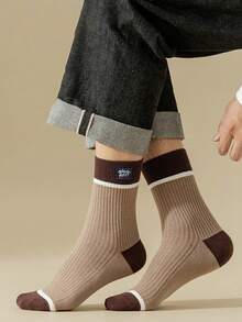 5 Pairs Men's Striped Color Block Print Brown Mid-Calf Socks, Color Block Sports Mid-Calf Socks, Color Block Ankle Socks, Sports Socks, Casual Socks Suitable For Daily Wear - Coffee Brown - View 3