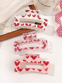 3pcs/Set Valentine's Day Pink Heart Heat Transfer Print Hair Claw, Minimalist Square Hair Clip, Sweet & Cute Streetwear, Everyday Hair Accessory - Multicolor - View 2