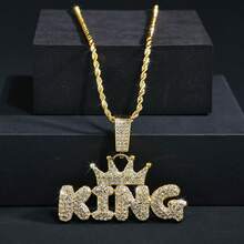 1pc Bling Rhinestone Crown "KING" Letter Necklace, Suitable For Men And Women, Everyday And Occasions - Yellow Gold - View 5