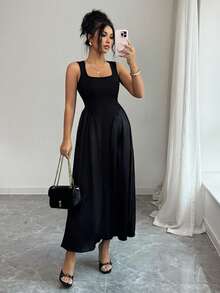 Women's Summer Dress, Solid Color Elegant Square Collar Satin Patchwork Dress, Suitable For Work, Vacation, Date And Multi-Occasion Wear Black - Black - View 1