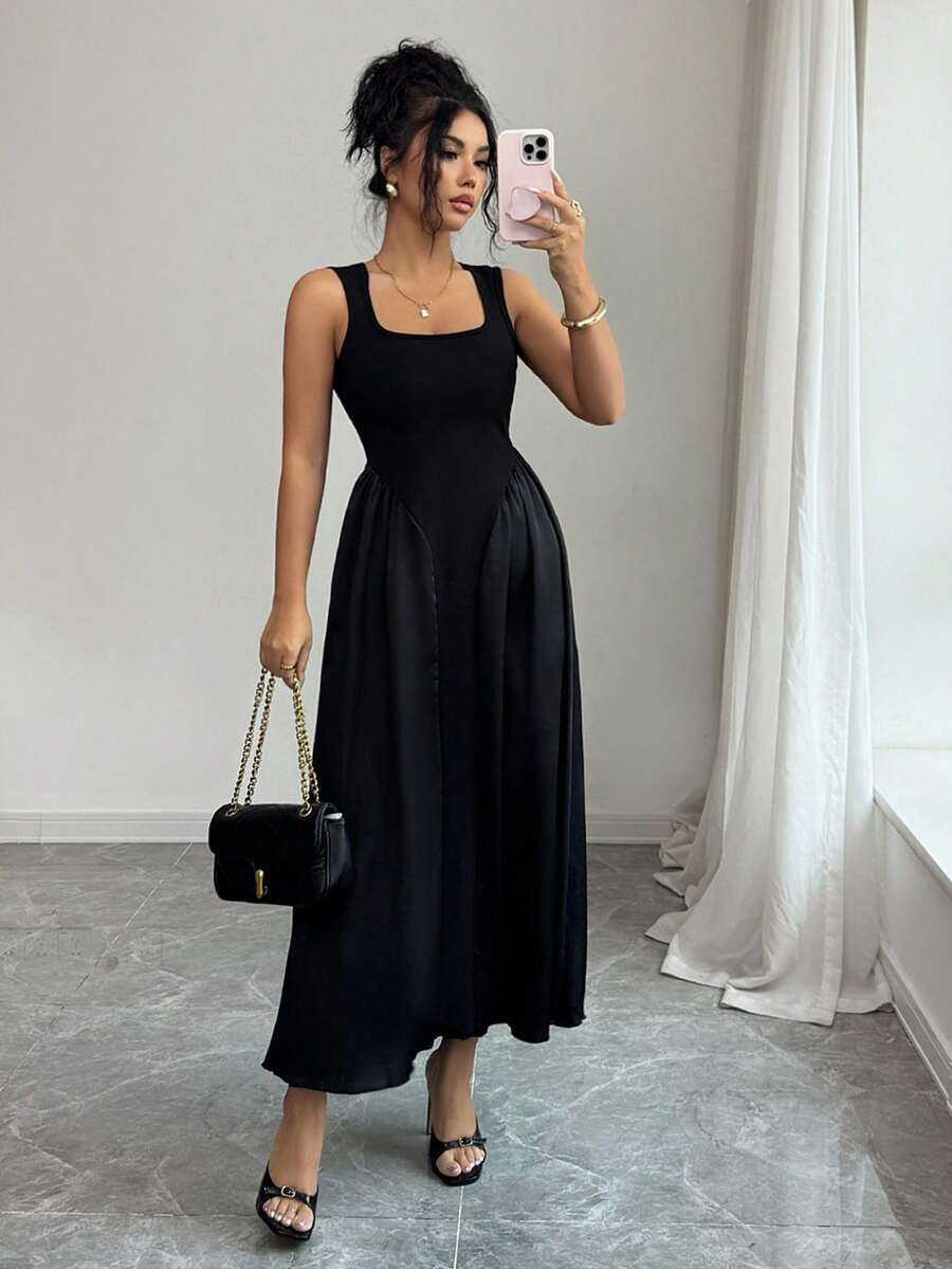 Women's Summer Dress, Solid Color Elegant Square Collar Satin Patchwork Dress, Suitable For Work, Vacation, Date And Multi-Occasion Wear Black - Black - View 1