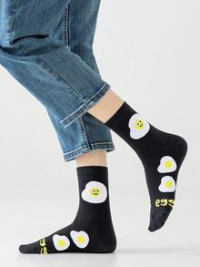 1/4 Pair Unisex Cartoon Illustration Cookies, Popcorn, Fried Egg Pattern Personalized Artistic Design Combed Sports Mid-Calf Socks, Suitable For Travel, Home, Office, Holiday Gifts - Multicolor - View 7