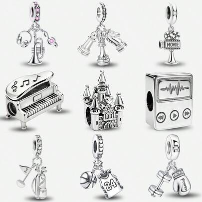 1 件 925 纯银乐器和运动钢琴篮球珠子吊坠，适用于手链 DIY 女士首饰