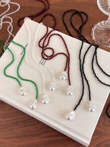 1pc French Retro Unique Asymmetric Pearl & Black Crystal Necklace, Multi-Wear Collarbones Chain, Ins Style Women Necklace - Necklace - View 7