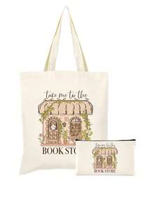 5/2/1pcs Floral & Book Reading Themed Canvas Zipper Storage Bags Gift Packaging Set, Creative "You're Awesome" Motivational Small Gift Bags, Suitable For Back To School, Graduation, Travel, Birthday, Anniversary, Teacher's Day, Appreciation Gifts - Beige - View 59