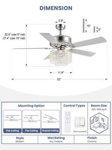 SILJOY 52 Inch Modern Crystal Ceiling Fan With Lights And Remote, Elegant Reversible Chandelier Fan Light KIt Fandelier With 5 Wooden Blades For Bedroom Living Room Dining Room - 52''-tròn - Xem 9