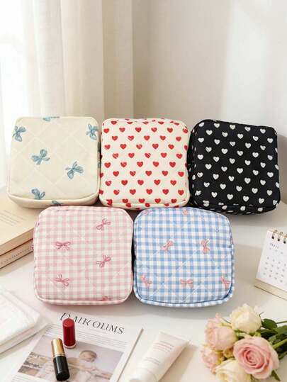 Bolsa de almacenamiento de toallas sanitarias con lazo y forma de corazón, bolsa de maquillaje de lápiz labial, bolsa de almacenamiento de toallas sanitarias cuadrada pequeña multifuncional, set portátil de productos menstruales, bolsa de tampones, bolsa de higiene femenina