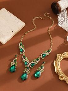 3件套女士合金水钻玻璃首饰套装，包括1对耳环和1条项链，适合婚礼、派对和作为礼物。 - 綠色 - 查看 3