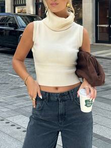 Women's Elegant Sleeveless High Neck Cropped Top, Ribbed Knit Stretchy Vest - Apricot - View 4