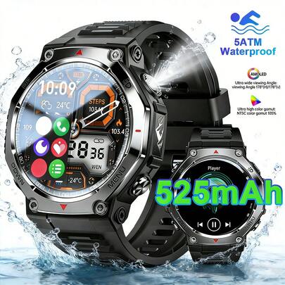 1pc 5ATM Waterproof Unisex Silicone Smart Watch, 1.43" Touchscreen, Multi-Sport Modes, Dual System, Bluetooth Notification, Wireless Calling, Suitable For Work, Daily Fitness, Gifting And More