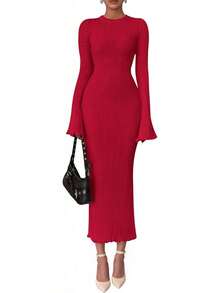 Vestido maxi de punto de cuello redondo y manga de campana, ajustado al Body, para mujer, otoño-invierno 2026 - Rojo - Ver 1