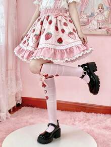 1 par de calcetines con estampado de lazo rosa y fresa, estilo Lolita dulce y adorable - Multicolor - Ver 4