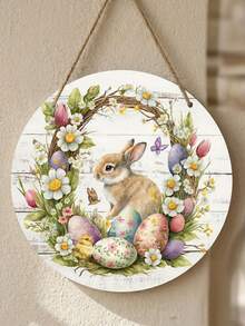 1 peça, Placa de Páscoa de 12"/10", Placa de Madeira Redonda, Placa de Coelho da Páscoa, Placa de Ovo da Páscoa, Placa de Guirlanda, Centro de Guirlanda, Presente de Páscoa, Decoração de Páscoa, Decoração de Porta, Decoração de Parede, Decoração de Casa, Decoração de Quarto, Decoração Rústica, Decoração de Fazenda, Decoração de Quarto - Multicolorido - Visão 2