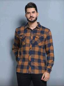Camisa Social flanela de xadrez masculino manga longa Ajuste Regular    Botões na frente Com Bolso - Castanho - Visão 2