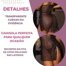 Camisola Sensual Transparente Feminina sem Bojo com Calcinha Fio Renda Poá sem Bojo Lingerie de Tule Curta - Branco - Visão 3