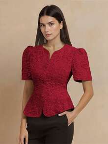 Áo kiểu peplum hiện đại kiểu Philippines của Aimileehuo, áo khoác ngắn tay cánh bướm xếp nếp kiểu Philippines thanh lịch dành cho nữ, áo tay phồng, áo đỏ. - Đỏ - Xem 3