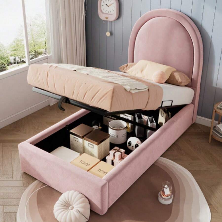 Polsterbett Kinderbett,Einzelbett 90 X 200 Cm, Rosa,Samt Für Jungen & Mädchen (Ohne Matratze) - Pink - View 1